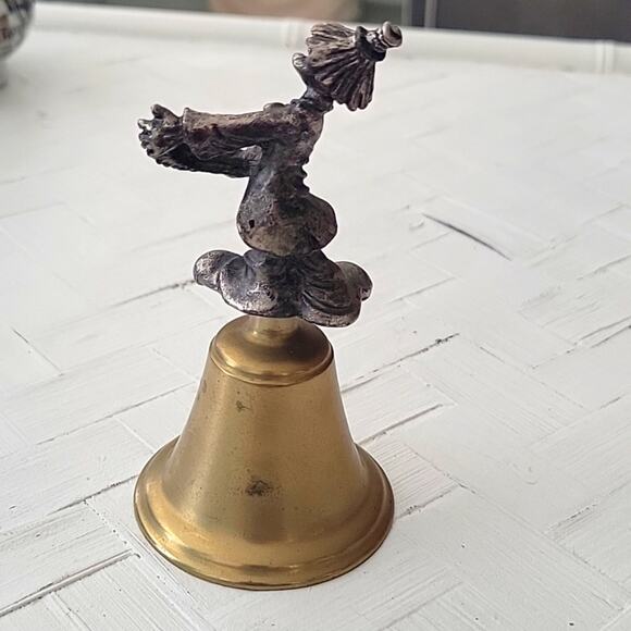 Vintage Pewter Clown Playing Accordian On Brass Bell Collectible About 5" Tall - Picture 4 of 9